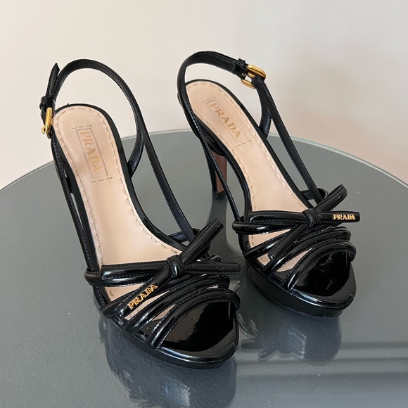 Prada Black Patent Leather Bow Tie Peep-toe Platform Heels - Picture 1 of 9